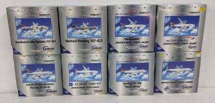 Eight Gemini jets models of commercial airline planes to include; a Boeing 747-400 in British