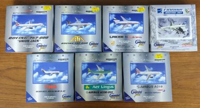 Seven Gemini Jets model commercial airline planes, all boxed to include; a McDonnell Douglas DC-10-