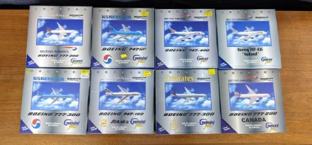 Eight Gemini jets model commercial airline planes all boxed to include; a Boeing 777-300 in a Korean