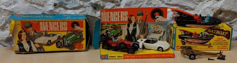 Corgi toys - A Batboat and trailer (to fit a Corgi Batmobile) 107 and The Avengers Gift set 40 to
