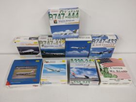 Nine commercial airline plane models by various manufactures Dragon wings, Herpa Wings, Gemini
