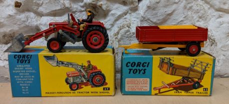 Corgi Toys, a Massey-Ferguson tractor with shovel, along with a Farm Tipper trailer 69 and 62