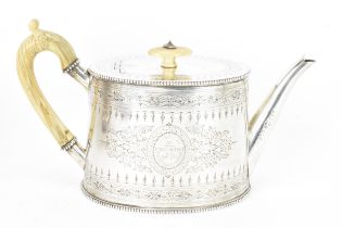 A Victorian silver teapot by Charles Boyton (II), hallmarked London 1889, of oval form with a marine