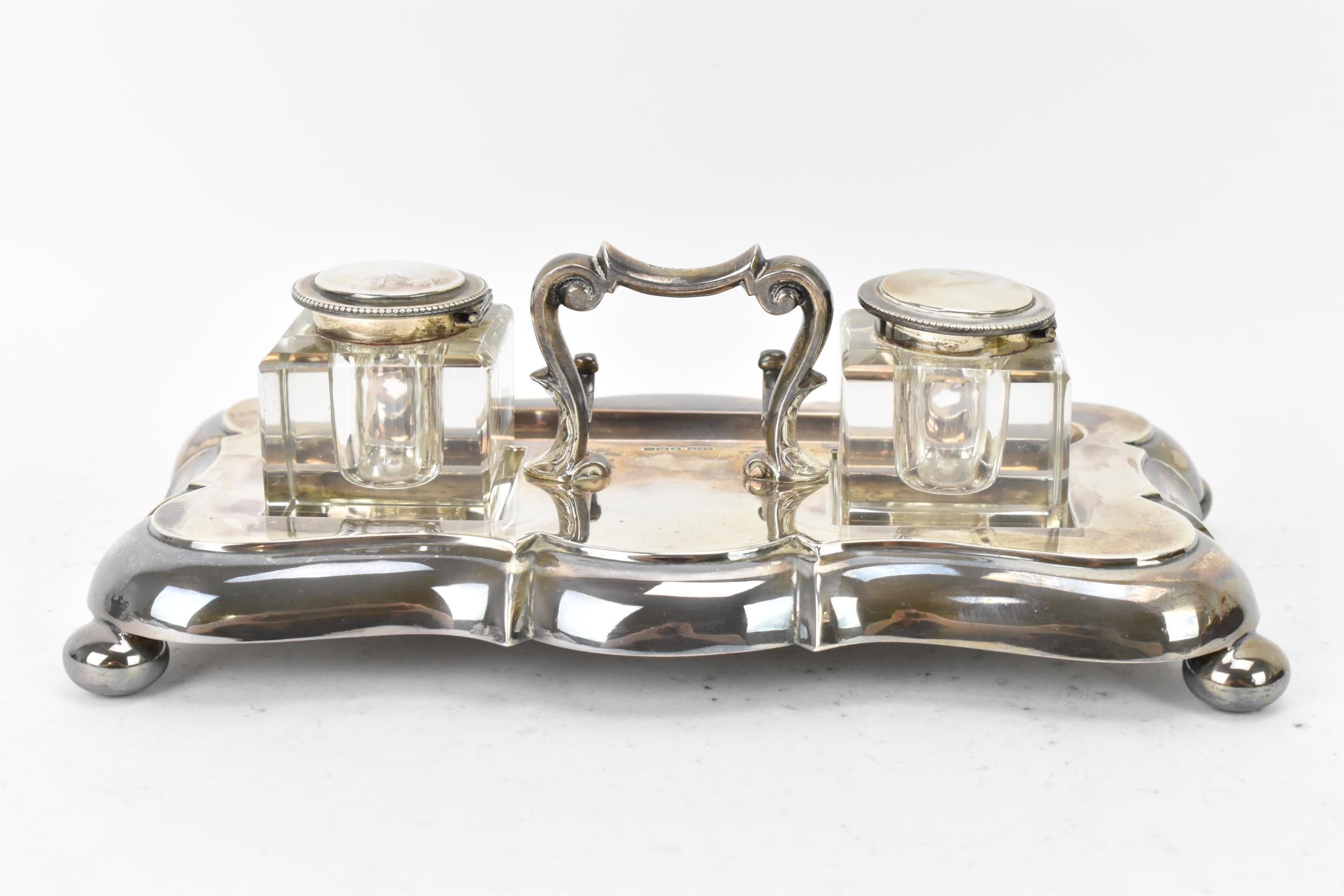 A George V silver double inkstand by James Dixon & Sons, hallmarked Sheffield 1925, having a - Image 4 of 8