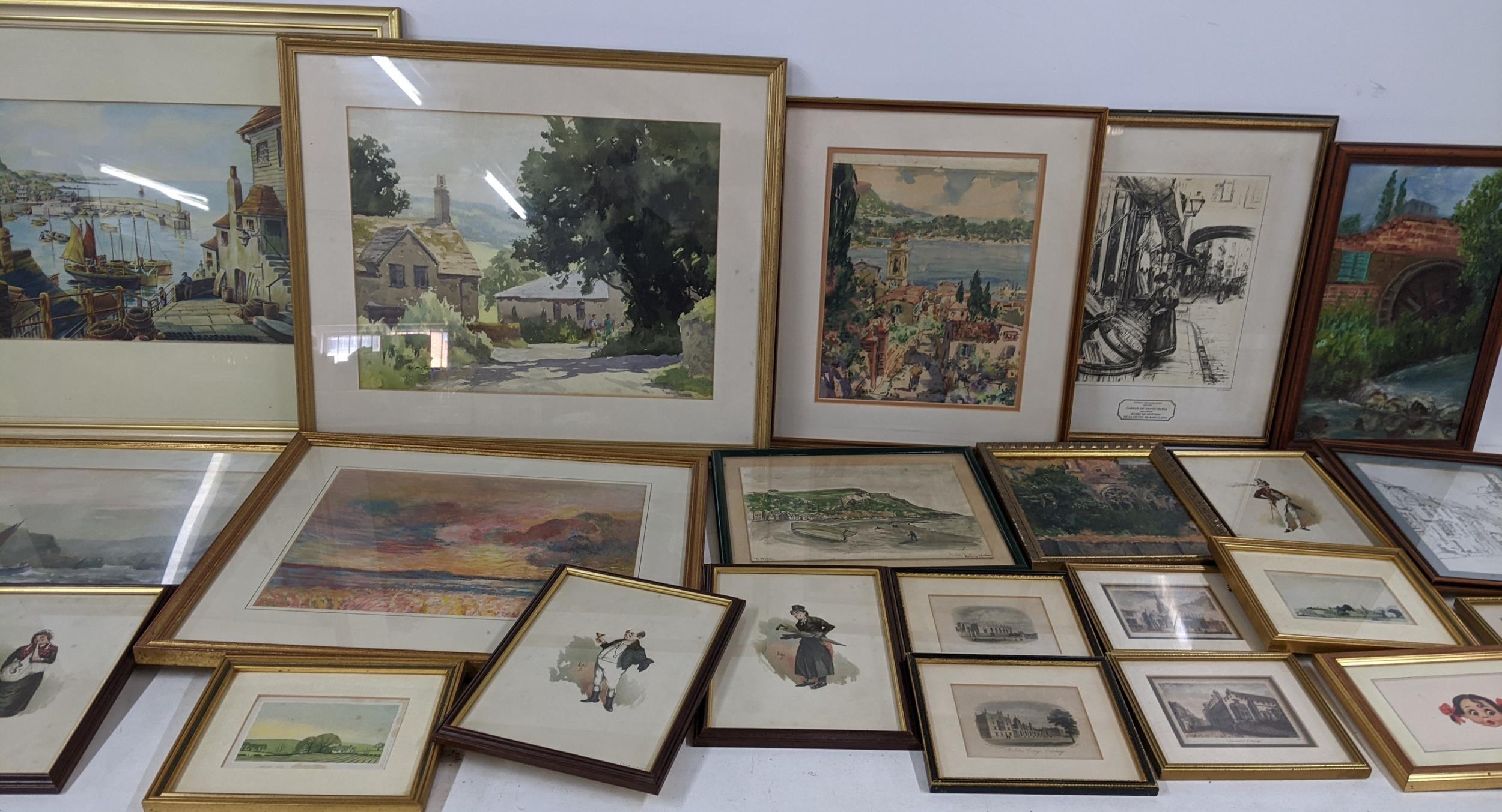 Mixed pictures to include a watercolour depicting a harbour scene, signed F.G Mansell and others