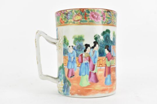 A Chinese export Qing dynasty Canton famille rose tankard, mid/late 19th century, the handle - Image 1 of 6