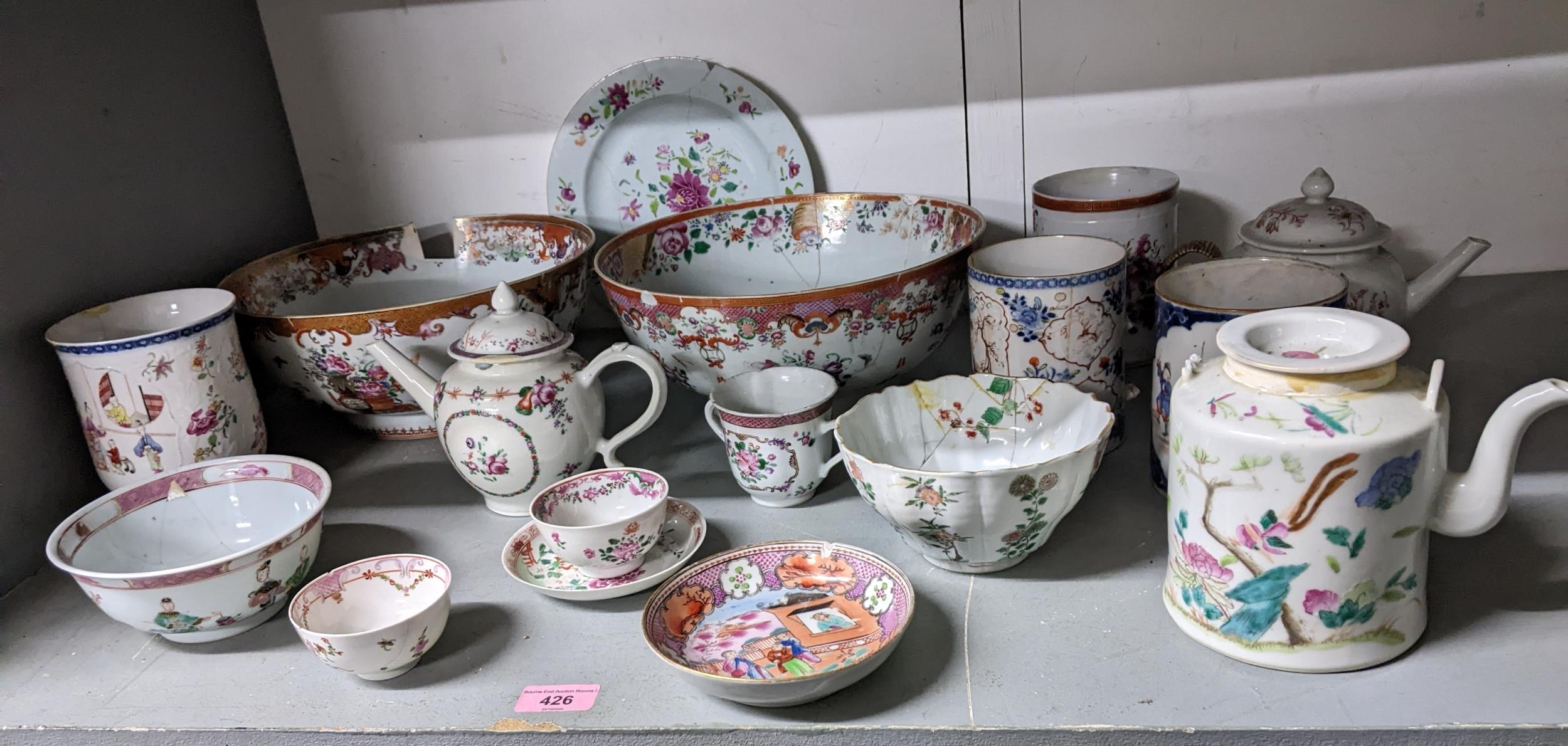 A selection of 18th and 19th century Chinese famille rose porcelain to include teapots, punch bowls,