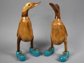 A Pair of Wooden Anthropomorphic Ducks, Standing, with Blue Shoes, 25cms High
