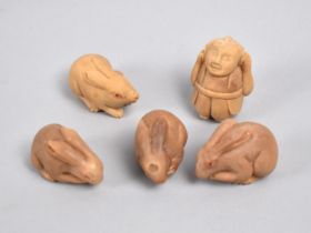 Five Reproduction Chinese Bone Effect Netsukes in the Form of Rabbits Etc