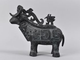 A Chinese Reproduction Shang Period Archaic Bronze Zun/Vessel in the Form of a Goat with Geometric