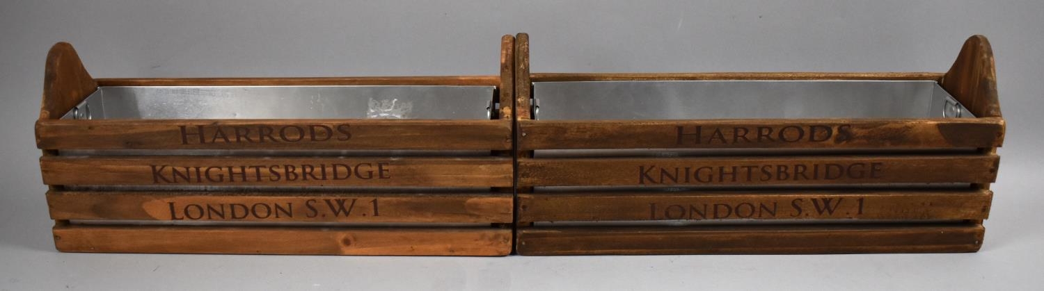 A Pair of Metal Lined Wooden Planter Inscribed Harrods, Knightsbridge, London SW1, Each 35cms Long - Image 2 of 2