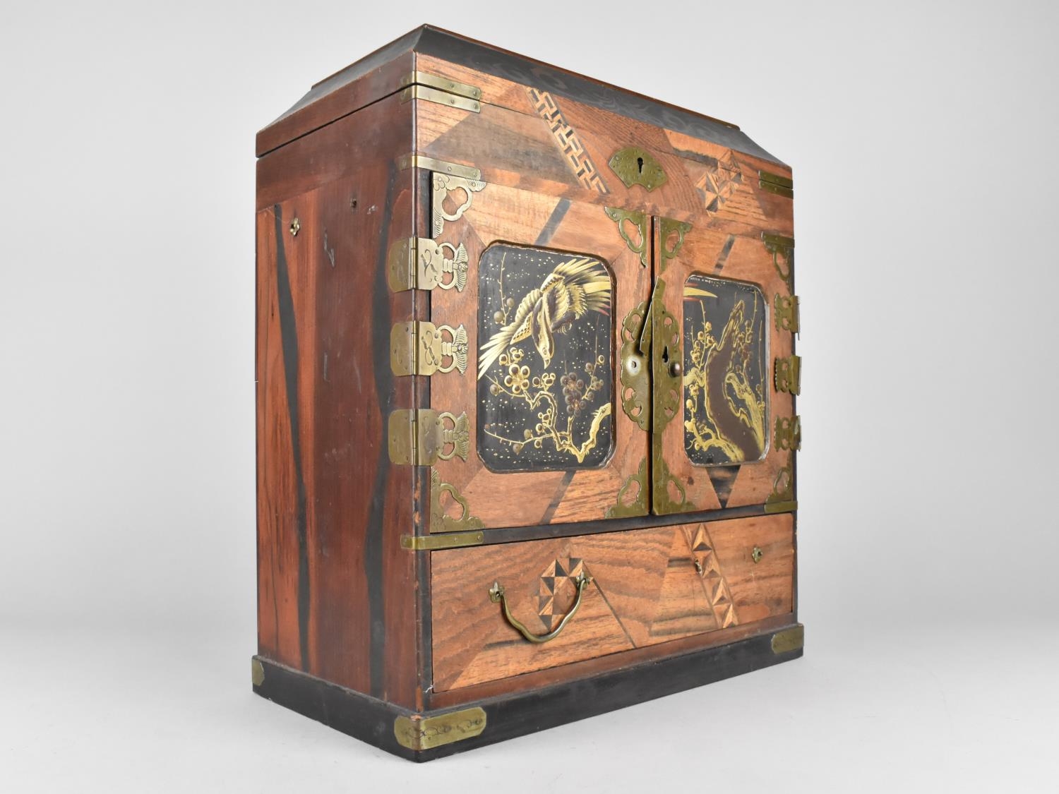 A Oriental Inlaid Chest, Front Doors Revealing Six Drawers, Bottom Store and Hinged Lid with