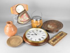 A Collection of Various Treen to comprise Cribbage Board, Wall Clock, Shield Plaque, Musical Black
