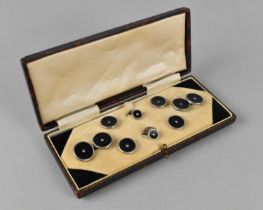 A Cased Set of Gentlemans Black Enamelled and Seed Pearl Studs In Leather Fitted Case