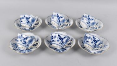 A Set of Six Blue and White German Porcelain Cups and Saucers, Quatrefoil Form decorated in the