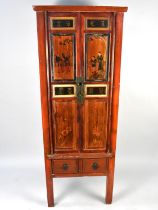 A Late 20th Century Chinese Red Lacquer Cabinet, with Twin Panelled Doors Painted with Figures and