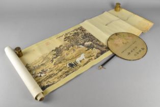 A Chinese Printed Scroll together with a Fan