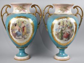 A Pair of Continental Ceramic Vases with Painted Figural Cartouches in Scrolled Border on Blue