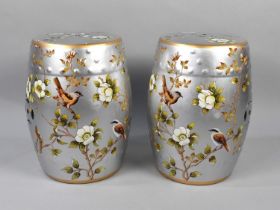 A Pair of Reproduction Chinese Ceramic Barrel Seats with Printed Bird and Flower Decoration on