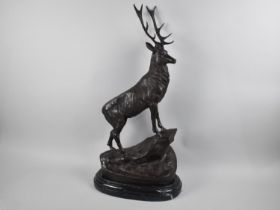 A Very Large and Heavy Bronze Study of a Stag on Rock after Moigniez on Oval Stepped Marble Base,