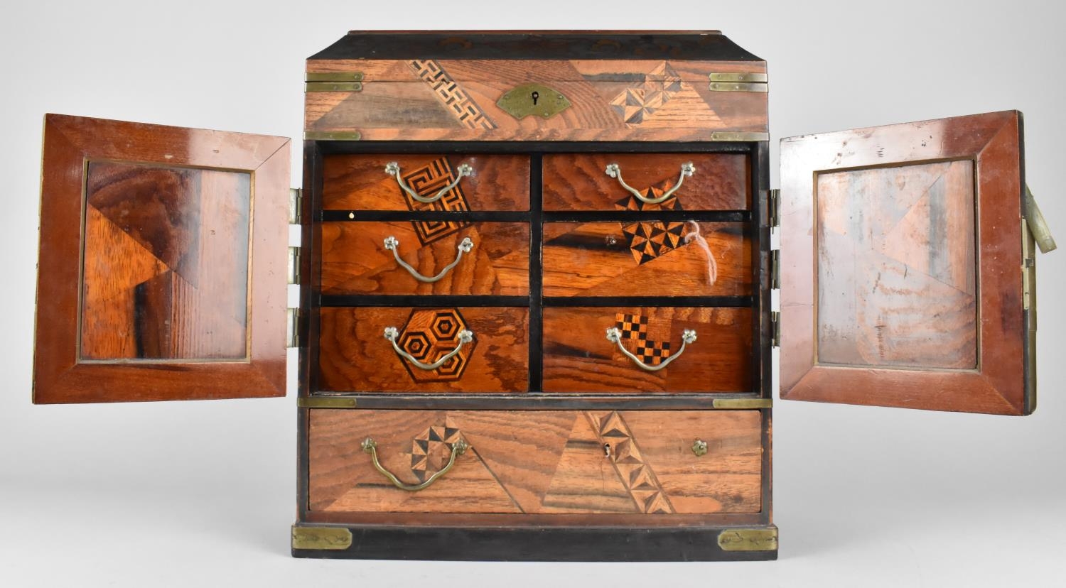 A Oriental Inlaid Chest, Front Doors Revealing Six Drawers, Bottom Store and Hinged Lid with - Image 3 of 3
