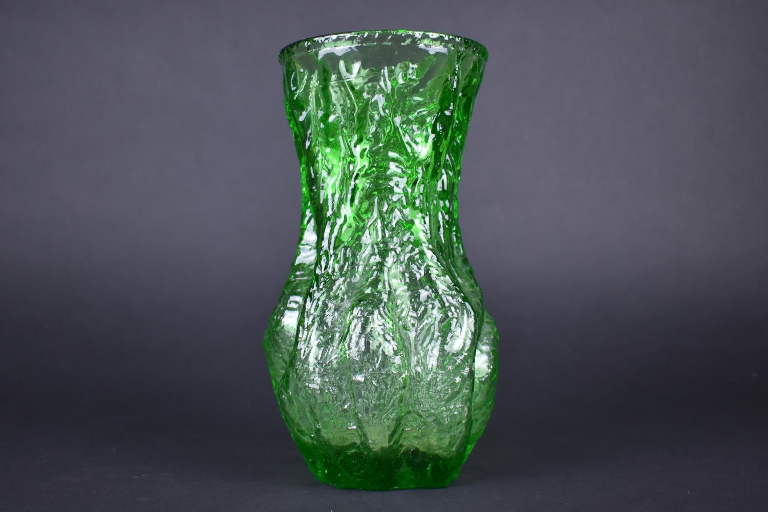 A Late 20th Century Green Glass Vase of Textured Form, 20cms High