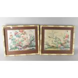 A Pair of Oriental Faux Bamboo Framed Prints on Fabric, Frames 41.5x36cms