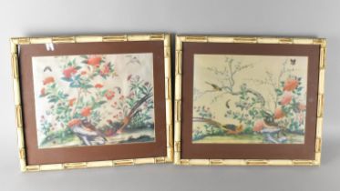 A Pair of Oriental Faux Bamboo Framed Prints on Fabric, Frames 41.5x36cms