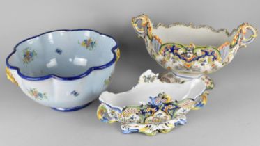 Three Pieces of French Faience to comprise Twin Handled Pedestal Rose Bowl, Smaller Example and a