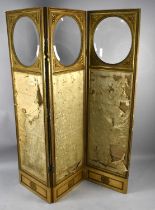 A Victorian Giltwood and Gesso Silk Work Three Panel Dressing Screen having Glazed Windows,