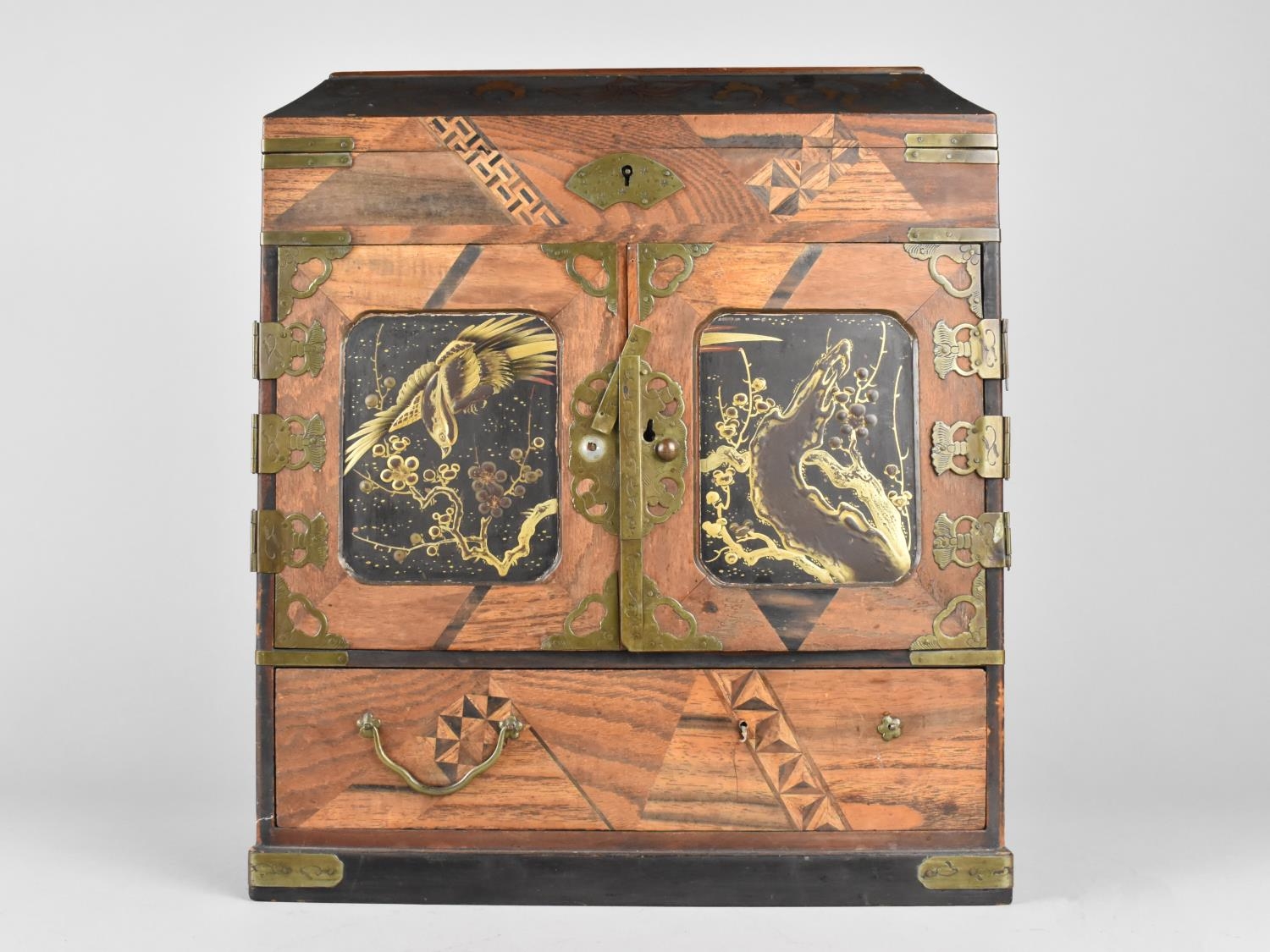 A Oriental Inlaid Chest, Front Doors Revealing Six Drawers, Bottom Store and Hinged Lid with - Image 2 of 3