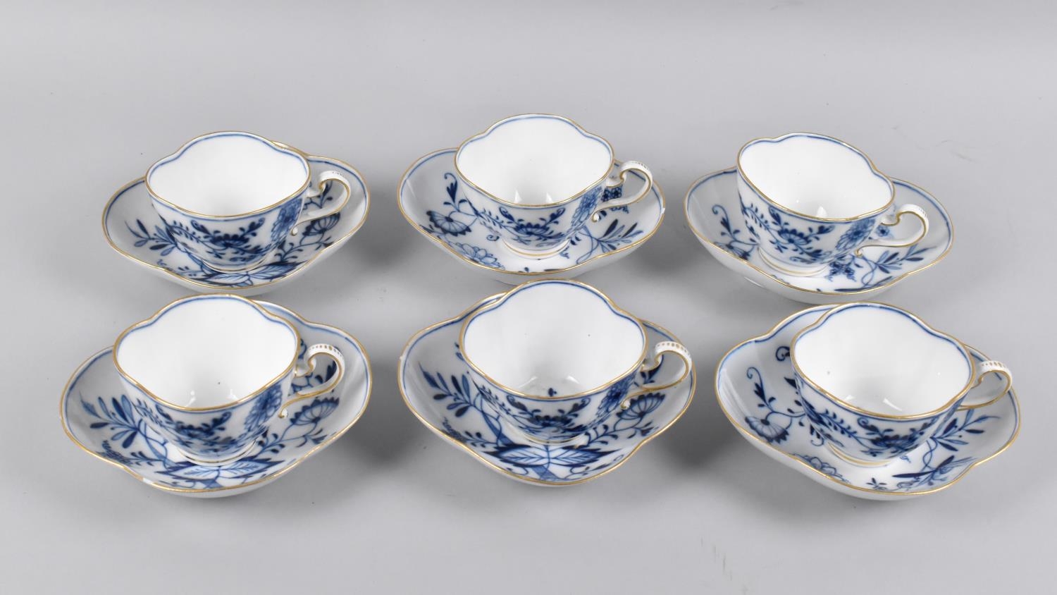 A Set of Six Blue and White German Porcelain Cups and Saucers, Quatrefoil Form decorated in the - Image 2 of 3