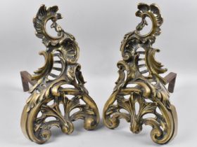 A Large Pair of 19th Century Rococo Style Fire Dogs, Scrolled Form, 40cms High