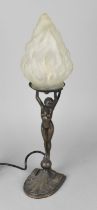 A Reproduction Bronze Art Deco Lamp, Support in the Form of a Standing Nude Holding Opaque Flame