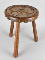 A Carved Wooden Tripod Stool, Circular Top with Carved Rose Decoration, 36cms High