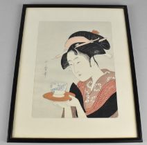 A Framed Kitagawa Woodblock Print, 17x23cms