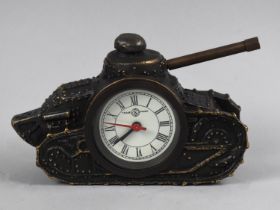 A Bronze Novelty Clock in the Form of a Tank, 15cms by 9.5cms High
