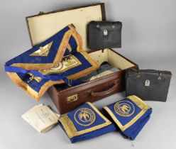 A Vintage Leather Case Containing Various Masonic Ephemera to include Armbands, Aprons Etc