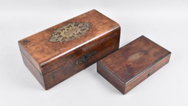 A Victorian Burr Wood Box with Scrolled Ornate Brass Escutcheon and Mount, 29.5x14x11cms High