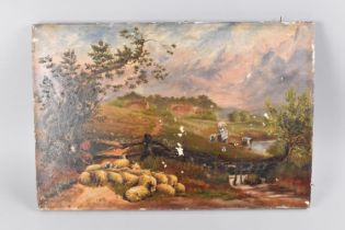 A 19th/20th Century Oil on Canvas depicting Rural Scene with Sheep and Labourers at River, 45.5x30.