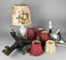 A Collection of Various Lamp Shades, Marble Lamp Base and shade, Oak Light Fitting Etc