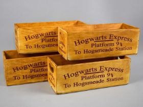 Four Wooden Rectangular Boxes with Cut Out Carry Handles, inscriptions for London to Hogwarts,
