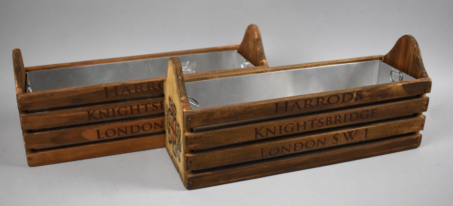 A Pair of Metal Lined Wooden Planter Inscribed Harrods, Knightsbridge, London SW1, Each 35cms Long