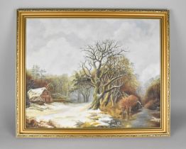 A Gilt Framed Oil on Board, Rural Wooded Cottage Scene in Winter by Frank Smith, Dated 1977, Subject