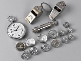 A Collection of Various Railway Buttons for British Rail, Three Acme Whistles to include Two