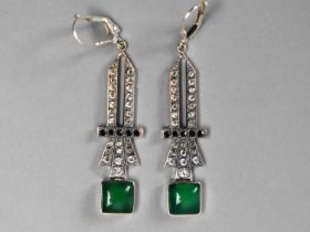 A Pair of Art Deco Style Silver Earrings with Green Stones