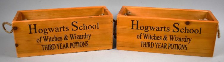 Two Wooden Boxes with Rope Carry Handles, Inscribed for Potions and Spells, Hogwarts Schools of