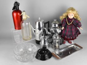 A Collection of Various Sundries to include Coffeewares, Soda Syphon, Doll etc