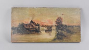 A 19th/20th Century Oil on Canvas Depicting Rural River Cottage Scene with Bridge, Signed, 40.5cms