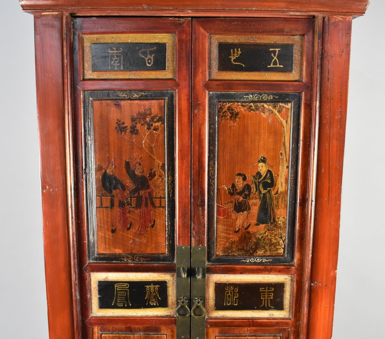 A Late 20th Century Chinese Red Lacquer Cabinet, with Twin Panelled Doors Painted with Figures and - Image 2 of 4